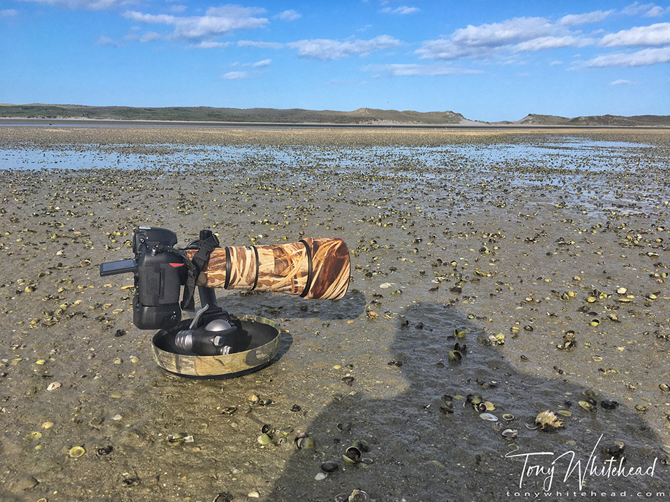 Nikon D850, battery grip and Nikon 500mm f5.6PF setup for live-view shooting on a estuary mudflat on homemade groundpod