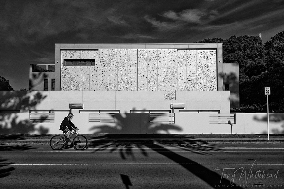 Black and White photo of light and shadows, Marine Parade, Mount Maunganui