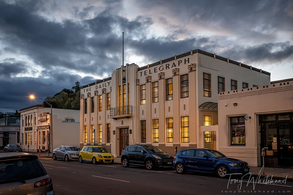 Photo of Napier Daily Telegraph building at dusk
