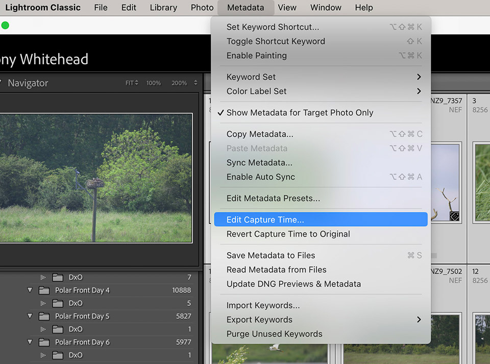 Changing Image Capture Time Zones in Lightroom